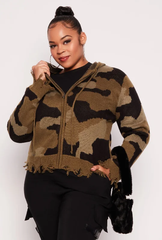 textured linen pullover sweater -Plus Size Camo Zip Front Hooded Sweater