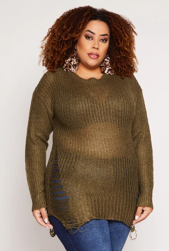 twill pullover sweater structured -Plus Size Distressed Crew Neck Sweater