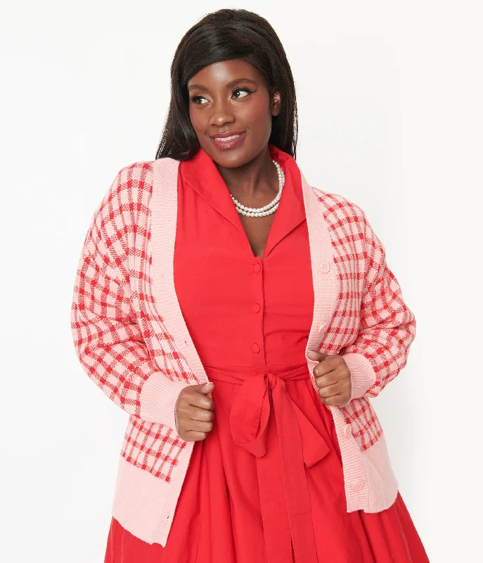 cardigan men block design -Pink & Red Checkered Cardigan