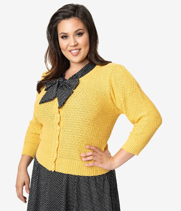 cardigan for teens bold ruby -Plus Size Retro Style Honey Yellow Cotton Crochet Sleeved Button Cardigan