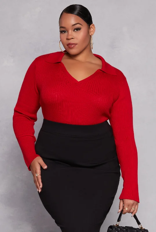 long pullover sweater boho -Plus Size Johnny Collar Long Sleeve Sweater