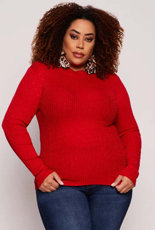 pullover sweater with fringe -Plus Size Lurex Ribbed Mock Neck Sweater