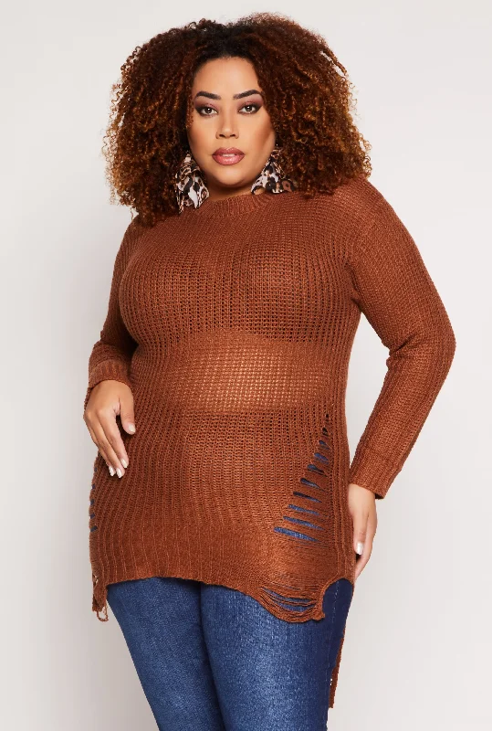 pullover sweater with metallic -Plus Size Distressed Crew Neck Sweater