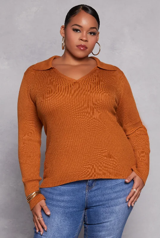 umber pullover sweater deep -Plus Size Johnny Collar Long Sleeve Sweater