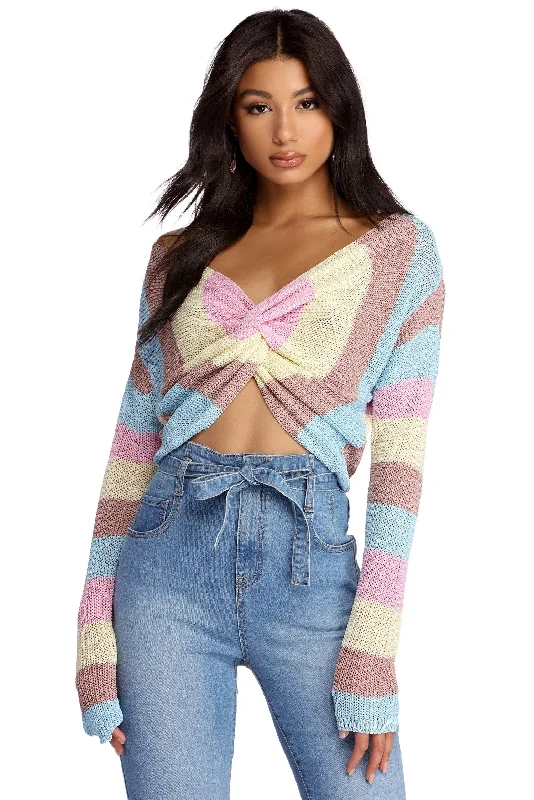 patterned cotton pullover sweater -Sassy And Striped Cropped Sweater