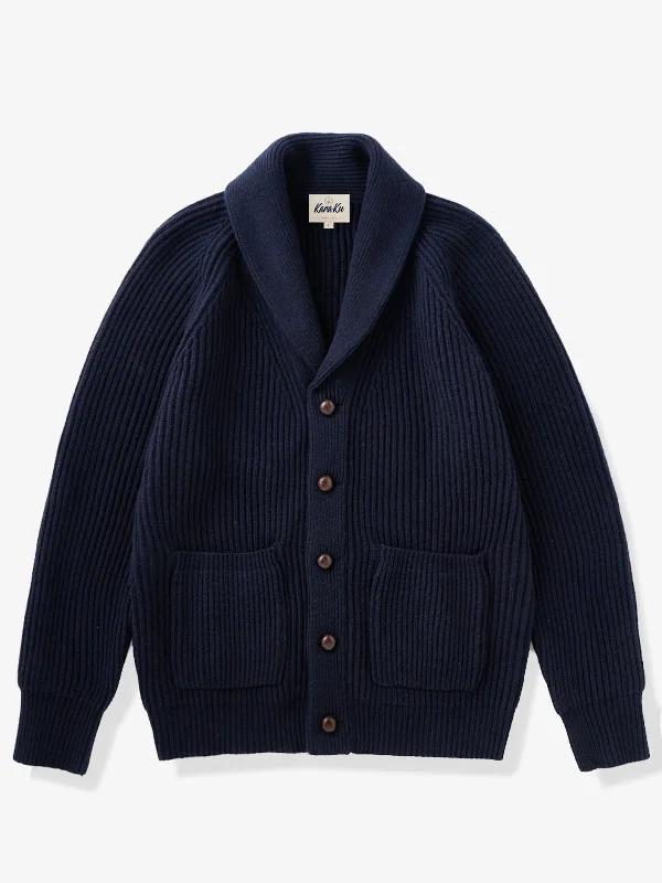 cardigan with fringe hemline -Casual Navy Wool Shawl Collar Sweater