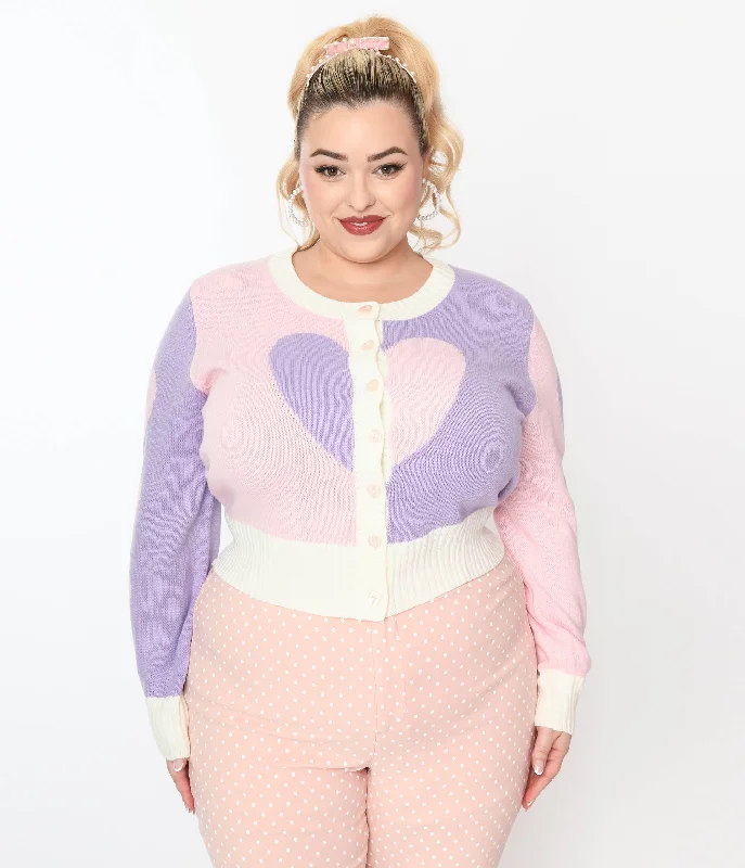 hemp cardigan sustainable wear -Smak Parlour Plus Size Pink & Lavender Hearts Cardigan