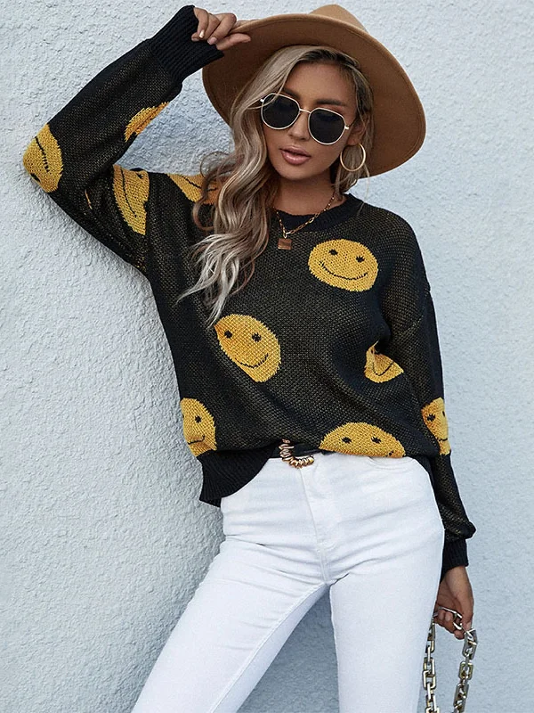 cropped pullover sweater casual -Smiley Face Sweater