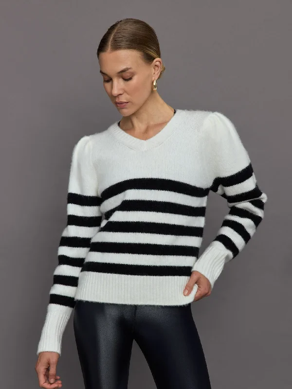 pullover sweater men chevron -Striped Puff Sleeve Sweater - Cream/ Black