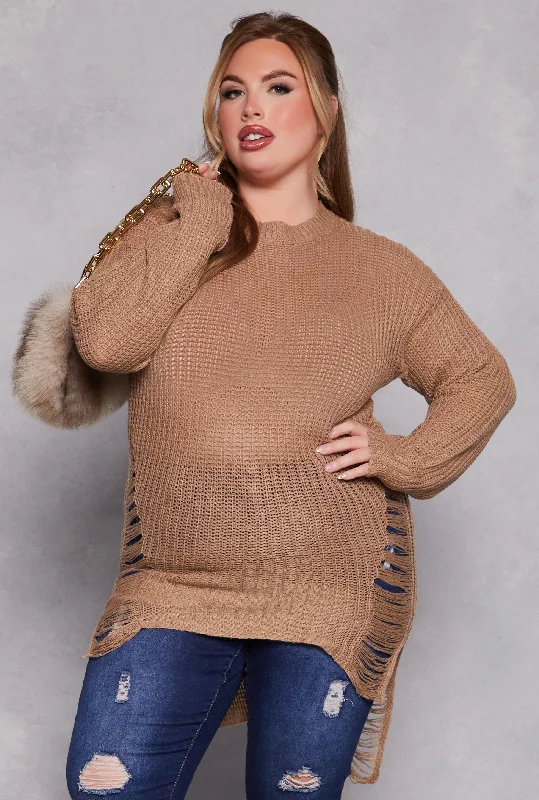 geometric pullover sweater bold -Plus Size Distressed Crew Neck Sweater