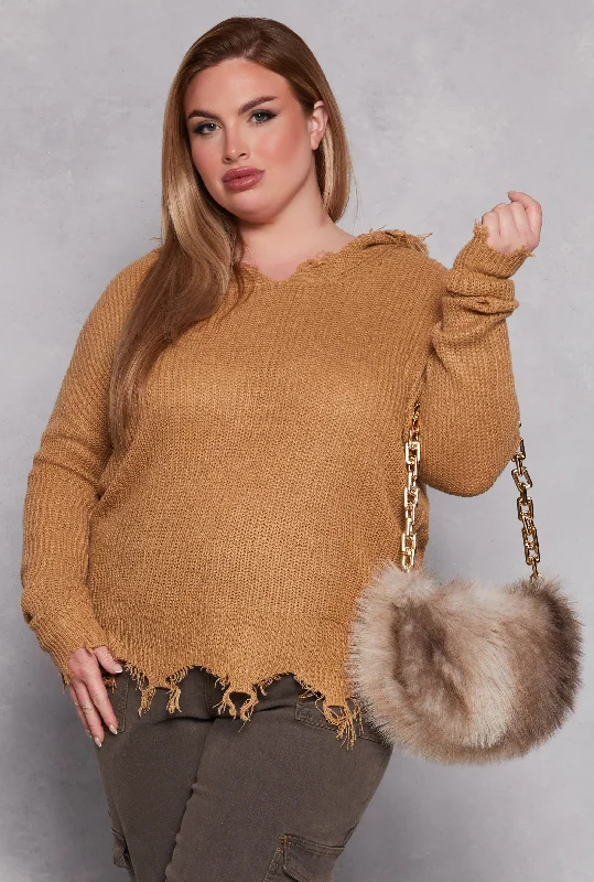 bronze pullover sweater warm -Plus Size Distressed Pullover Hooded Sweater