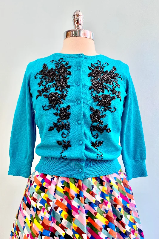 fuzzy silk cardigan plush -Teal Beaded Angelina Cardigan by Kissing Charlie