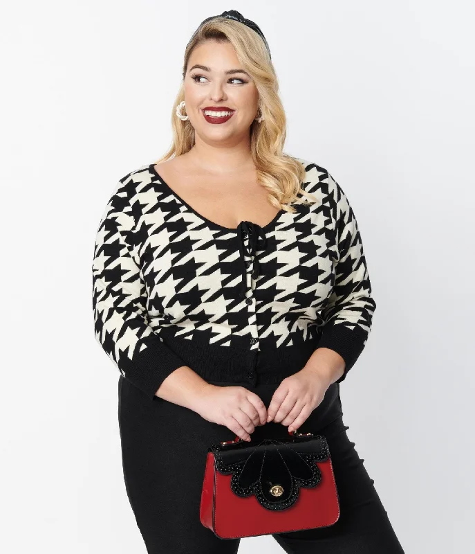 cardigan with embroidered logo -Unique Vintage Plus Size Black & Ivory Houndstooth Dandy Cardigan