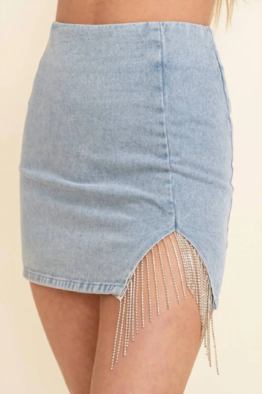 bold utility skirts -Dance With Me Rhinestone Fringe Pencil Skirt In Light Denim