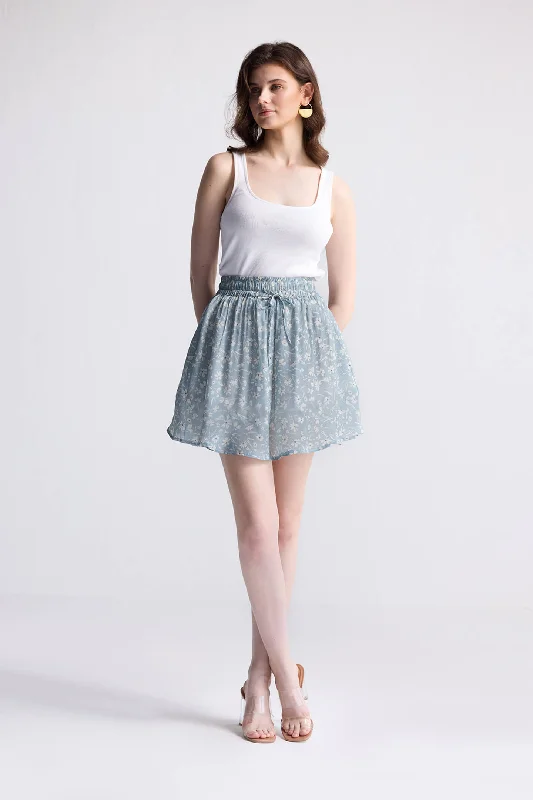 half length skirts -Drawstring Short Skirt in Light Blue Florals