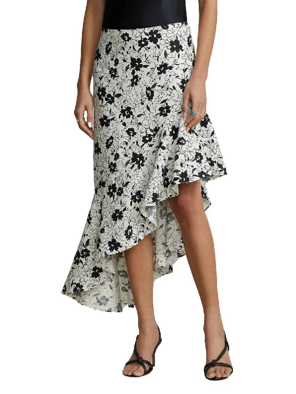 everyday flow skirts -Floral Ruffed Asymmetrical Linen Skirt In Black/white