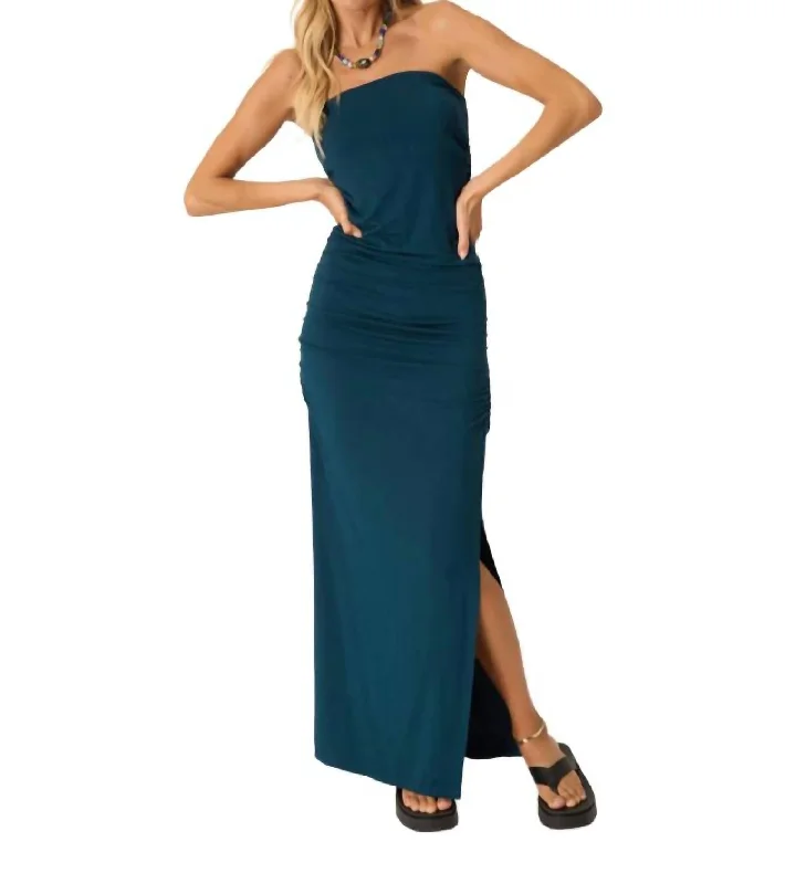 turtleneck waist skirts -Nala Strapless Side Ruched Dress In Blue