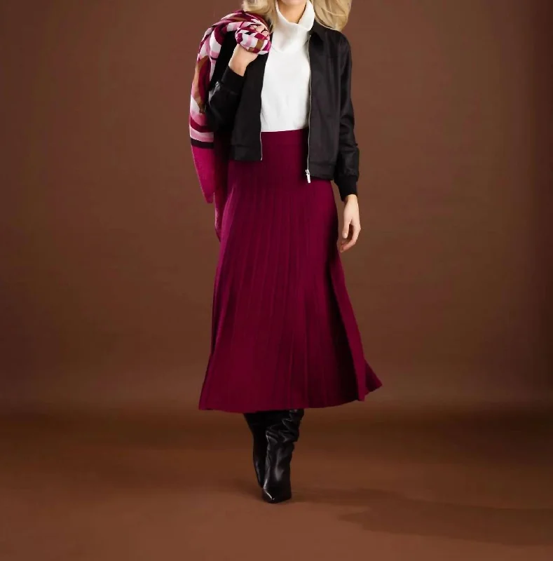 notched cut skirts -Pleated Long Skirt In Burgundy