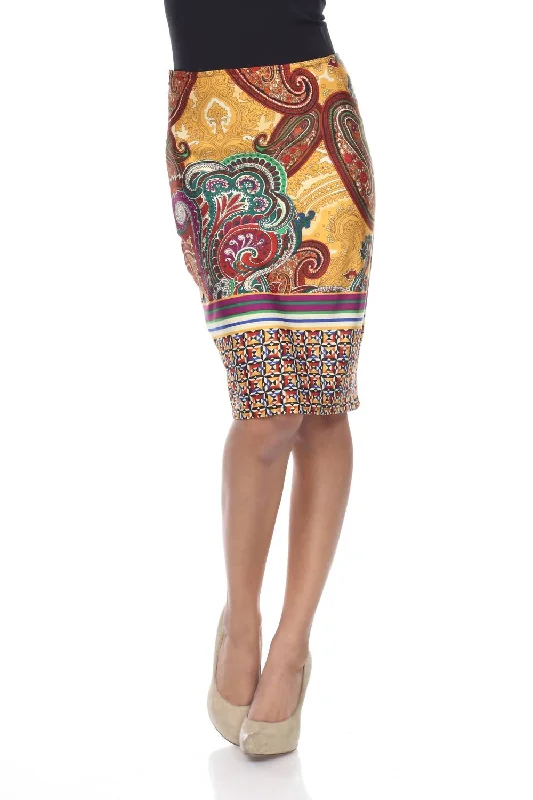 pair graphic skirts -Printed Pencil Skirt In Mustard Brown