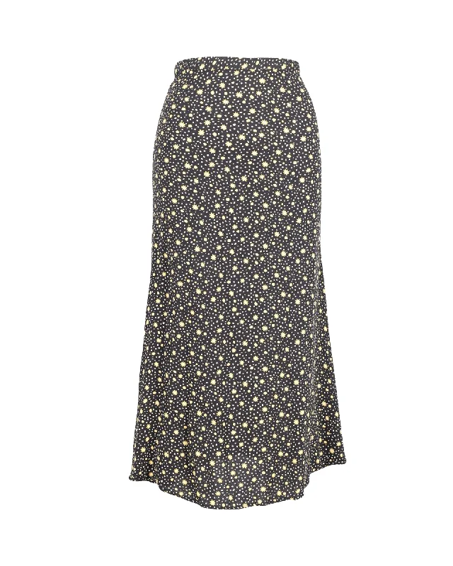 crimson relaxed skirts -Reformation Floral Print Midi Skirt in Black Polyester