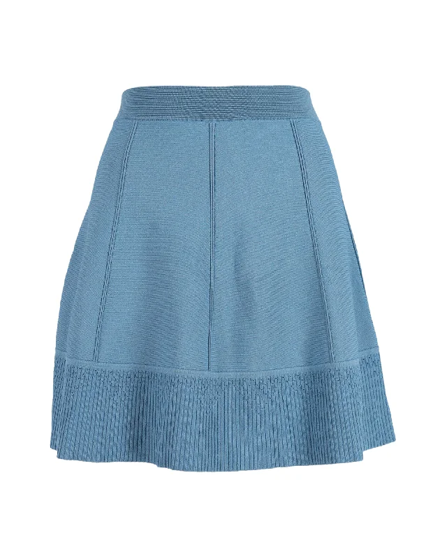 drape edge skirts -Sandro Paris Knitted Flared Skirt in Blue Viscose