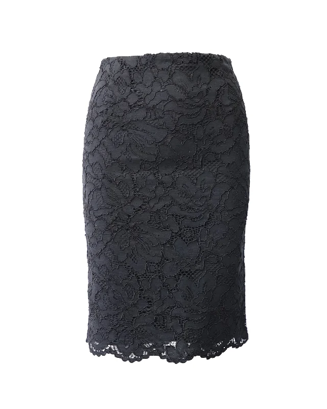 umber pattern skirts -Sandro Paris Midi Pencil Skirt in Black Lace Cotton