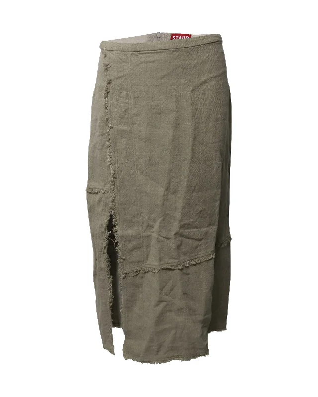 seam trim skirts -Staud Frayed Midi Skirt in Green Linen