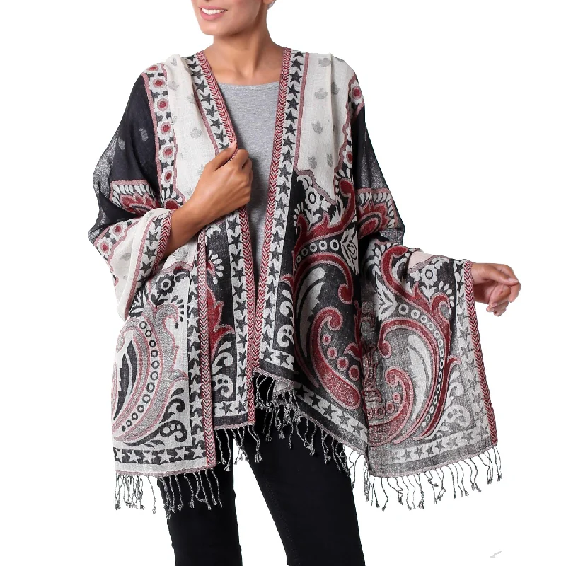 cardigan men wave design -Agra Night Dramatic Indian Wool Shawl in Black and White with Red