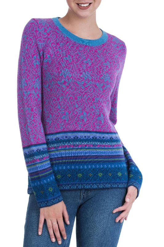 cardigan for women deep lavender -Andean Flowers 100% Alpaca Pullover in Fuchsia Floral from Peru