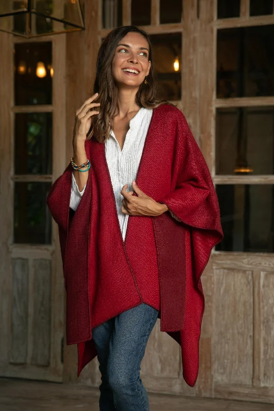 hemp cardigan sustainable wear -Andean Vistas in Wine Reversible Alpaca Blend Ruana in Tomato and Wine