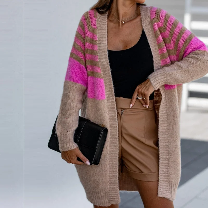 cardigan with ruched hem -Amy Fashion - Stripe Contrast Sweater Winter Causal Long Sleeve Outerwear