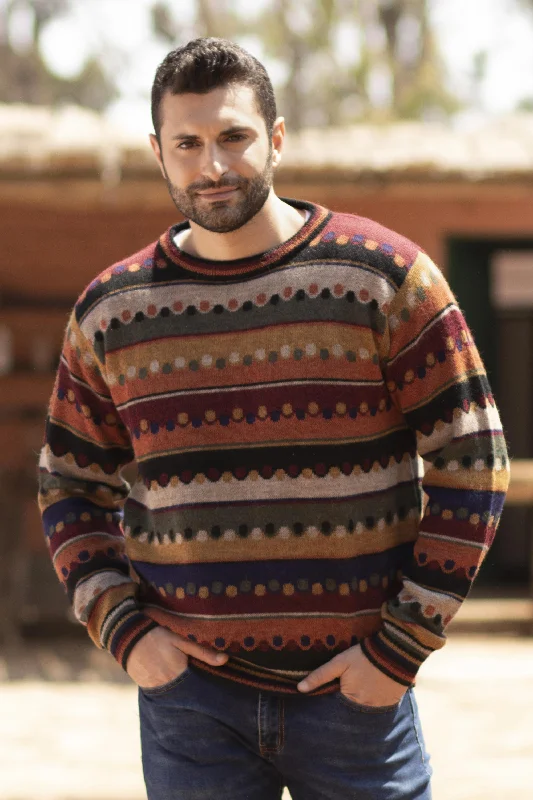 angora cardigan fuzzy warmth -Autumnal Andes Men's Striped 100% Alpaca Pullover Sweater from Peru