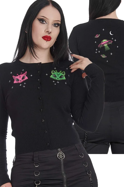 lightweight cotton cardigan airy -Banned Alien Space Cat Cardigan in Black with Back Design