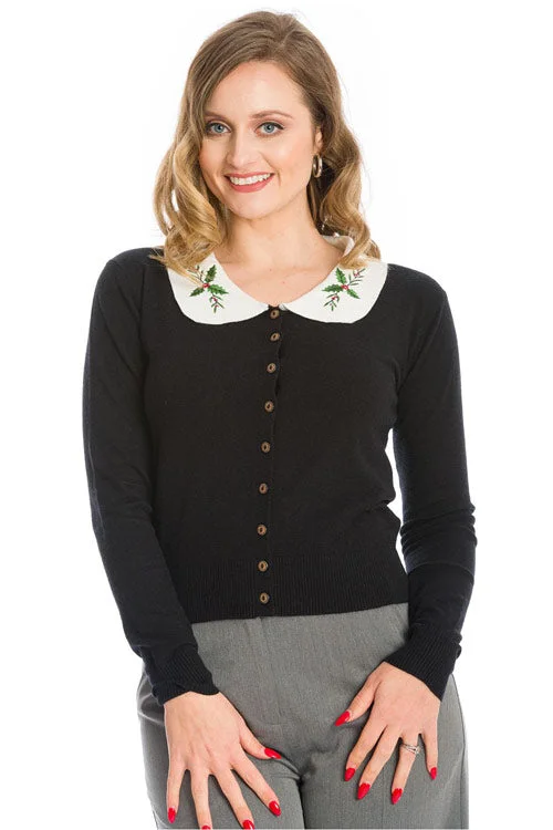 organic cotton cardigan eco -Banned Happy Holly Cardigan in Black Christmas