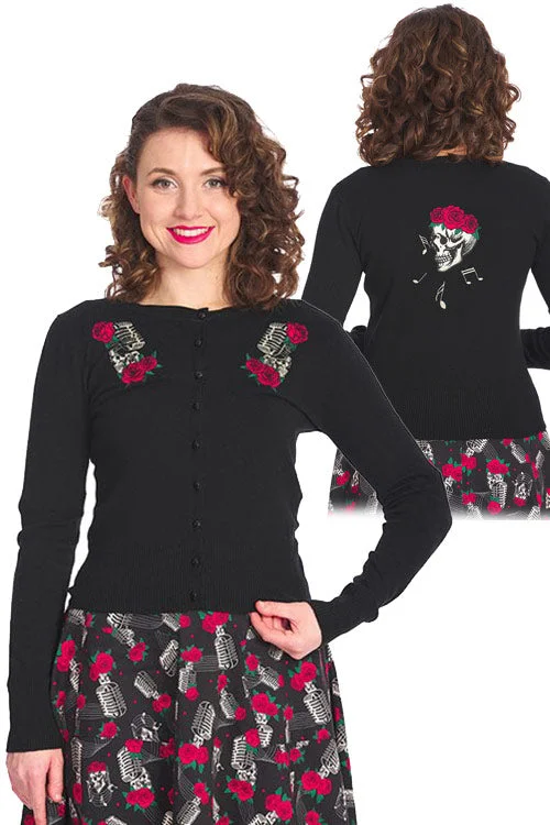 cardigan with lace hem -Banned Nashville Singing Rose Vintage Inspired Embroidered Cardigan in Black with Microphone Detailing