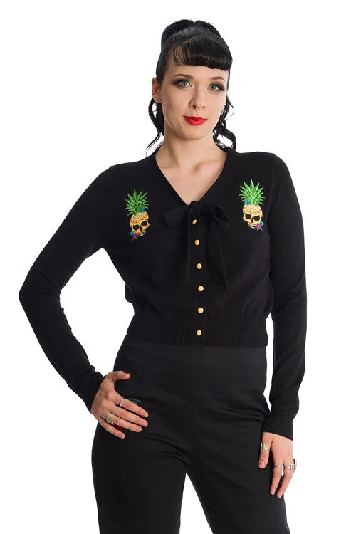 cardigan with split cuffs -Banned Pineapple Skull Cardigan with Tie Neck