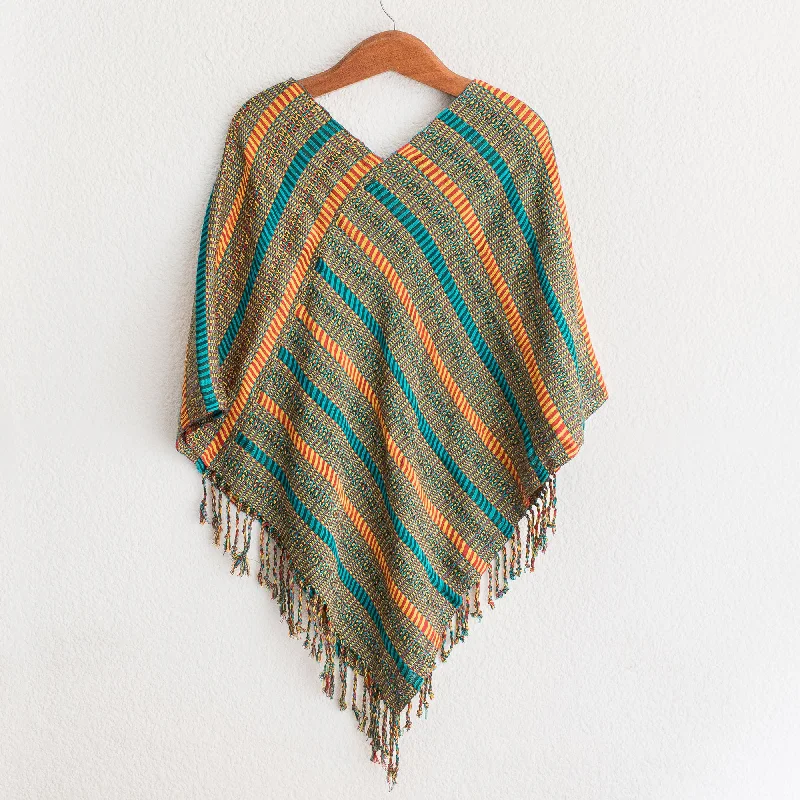 long cardigan elegant drape -Beach Stripes Handwoven Striped Cotton Poncho from Guatemala