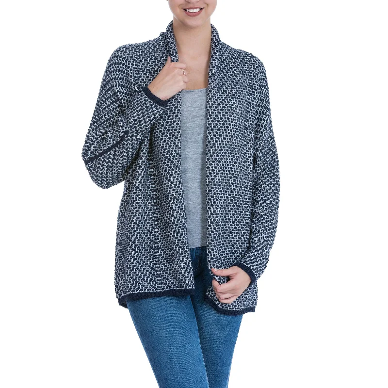 cardigan with eyelet trim -Ocean Warmth Blue and Grey Alpaca Blend Cardigan