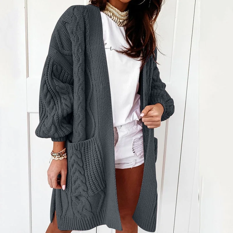 ribbed silk cardigan luxe -Amy Fashion - Oversized Lantern Sleeve Knitted Sweater Warm Long Cardigan