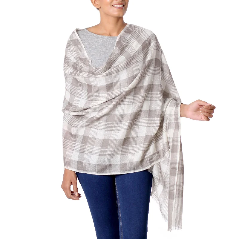 long cardigan relaxed vibe -Checkered Grace Wool Taupe Checkered Pattern Traditional Shawl from India