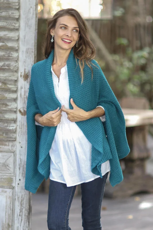 sustainable wool cardigan eco -Chic Warmth in Teal Patterned Knit Cotton Shawl in Teal from Thailand