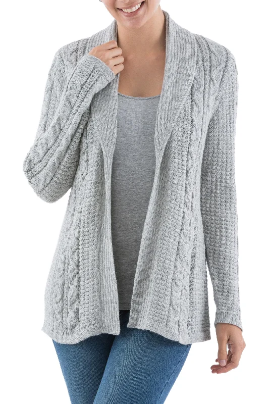 cardigan for women soft teal -Classic Chic Versatile Light Grey Cardigan in Soft Alpaca Blend from Peru