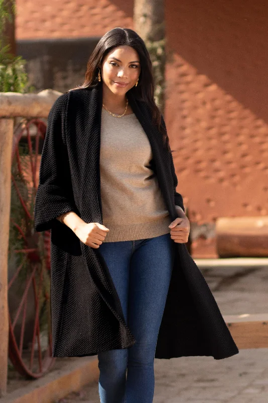 cardigan with gathered cuffs -Constant Companion in Black Knit Black Sweater Coat with Belt