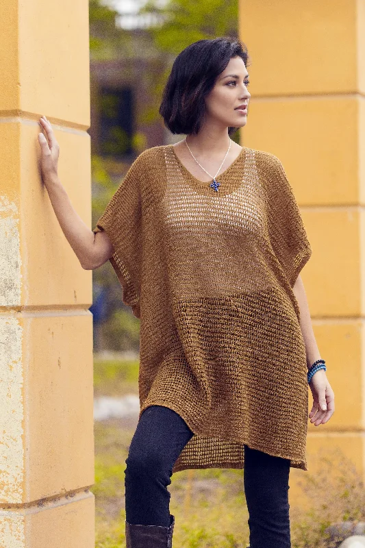 organic mohair cardigan eco -Copper Dreamcatcher Knit Copper Tunic with V Neck and Short Sleeves