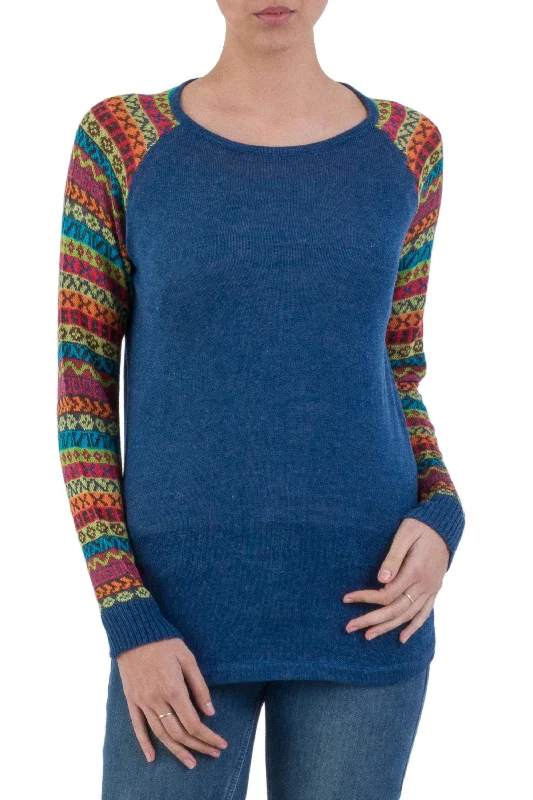 cardigan for teens vivid blue -Cusco Market in Blue Blue Tunic Sweater with Multi Color Patterned Sleeves