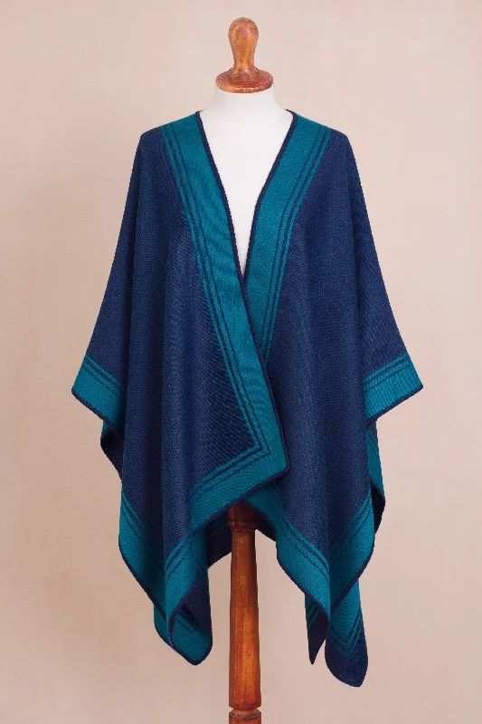 jacquard cardigan intricate weave -Delightful Fantasy in Teal Reversible Alpaca Blend Ruana in Navy and Teal