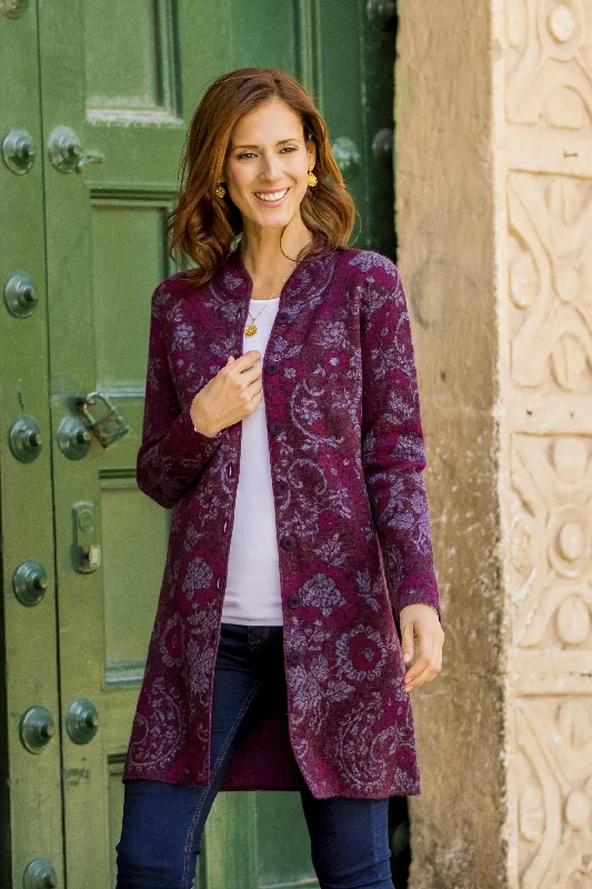 patchwork cardigan artsy vibe -Dream Garden in Maroon Floral 100% Baby Alpaca Cardigan in Maroon from Peru