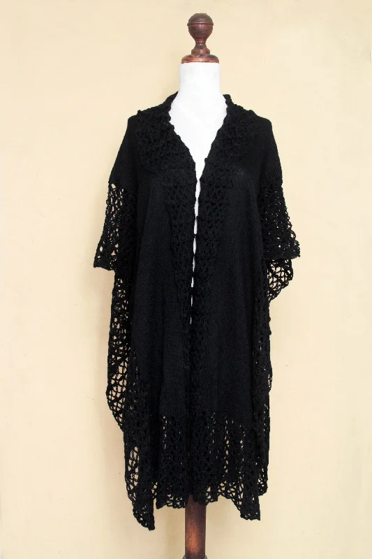 textured silk cardigan tactile -Ebony Whisper Lacy Knitted Black 100% Alpaca Long Kimono Cape from Peru