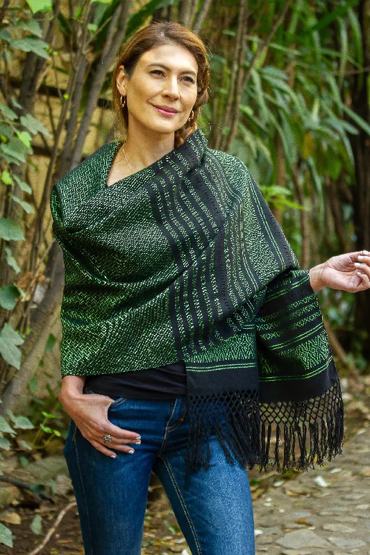 cardigan with drop hem -Evening Drama Green on Black Handwoven Fringed Mexican Rebozo Shawl