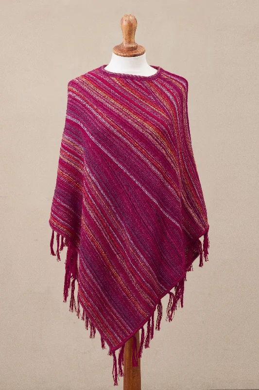 fuchsia cardigan bold hue -Festive Flair 100% Alpaca Knit Poncho Fuchsia with Stripes and Tassels